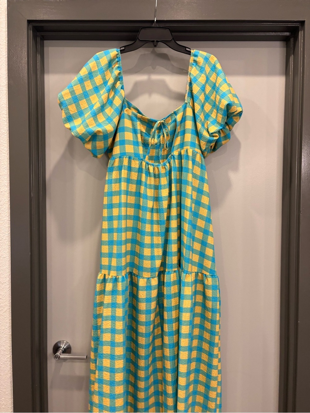 Yellow & Turquoise Gingham Puff-Sleeve Maxi Dress